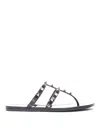 Valentino Rockstud T-strap Flat Slide Sandals In Black