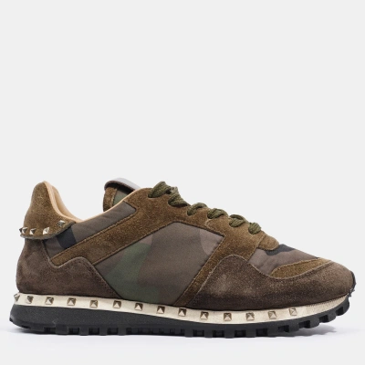 Pre-owned Valentino Garavani Rockstud Runner Khaki Camo Suede Eu 37 Uk 4 In Brown