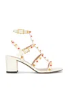 Valentino Rockstud Caged Ankle-strap Leather Sandals In Ivory & Coral Red