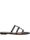 Valentino Rockstud Slide Sandal In Laminated Nappa With Cabochon In Black