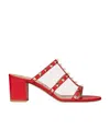 Valentino Studded Leather Sandals With Mid Block Heel In Red