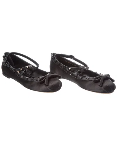 Valentino Garavani Valentino Rockstud Satin & Leather Ankle Strap Ballerina Flat (authentic Pre-  Loved)