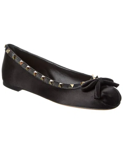 Valentino Garavani Valentino Rockstud Satin & Leather Ballerina Flat In Black