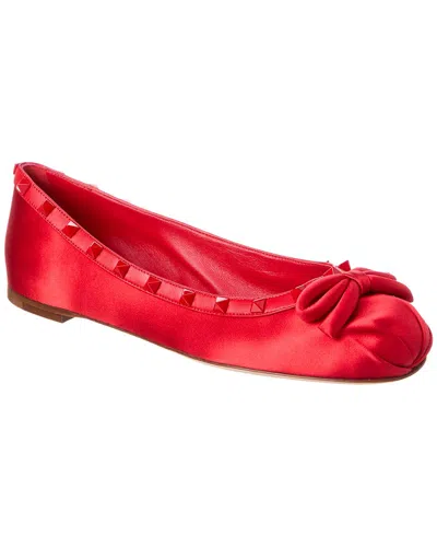 Valentino Garavani Womens Red Rockstud Bow-embellished Satin Ballet Flats