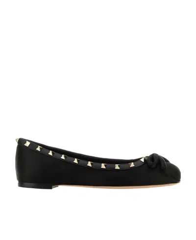 Valentino Garavani Rockstud Satin Ballerina Shoes In Black