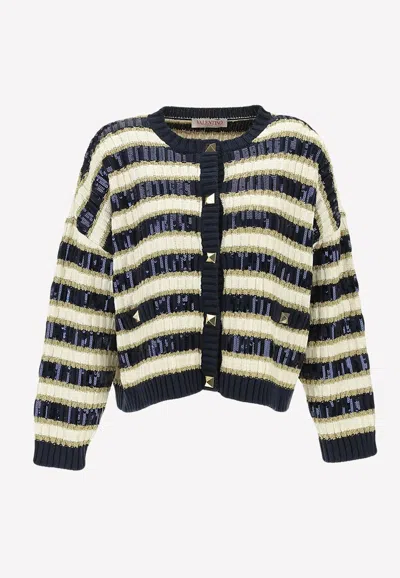 Valentino Rockstud Sequined Stripe Cardigan In Multi