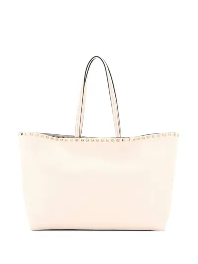 Pre-owned Valentino Garavani Rockstud Shopper Leather Large Tote Bag In Neutral