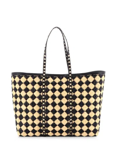Pre-owned Valentino Garavani Rockstud Shopping Bag Check Embroidered Raffia Large Tote Bag In Black