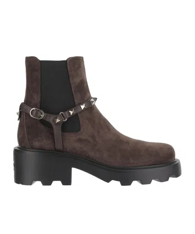 Valentino Garavani Rockstud Short Boots In Brown