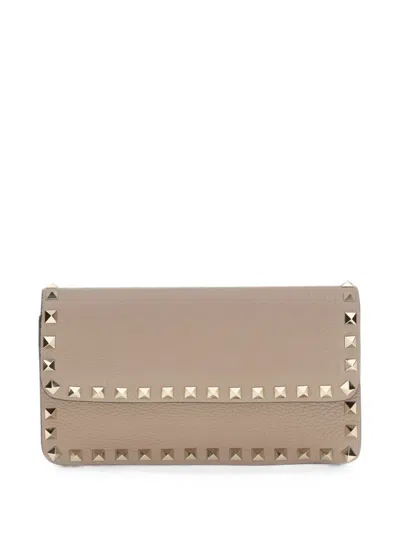 Valentino Garavani Calf Leather Bos Taurus Studded Chain Clutch In Brown