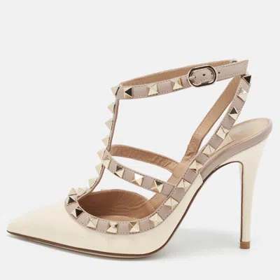 Pre-owned Valentino Garavani Rockstud Size 34 Cream/pink Leather And Patent Leather Ankle Strap Pumps
