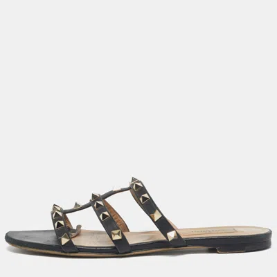 Pre-owned Valentino Garavani Rockstud Size 36 Black Leather Flat Slide
