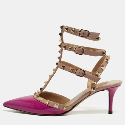 Pre-owned Valentino Garavani Rockstud Size 36 Purple Leather And Patent Leather Ankle Strap Pumps