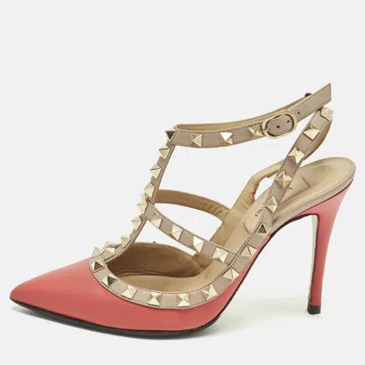 Pre-owned Valentino Garavani Rockstud Size 36 Red/beige Leather Caged Ankle Strap Pumps