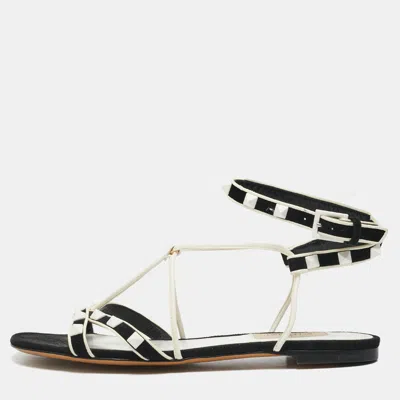 Pre-owned Valentino Garavani Rockstud Size 37 Black/white Leather And Suede Flat Sandals