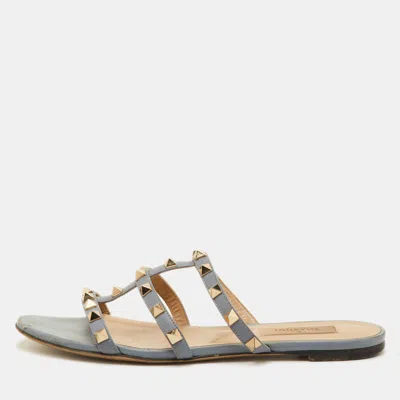 Pre-owned Valentino Garavani Rockstud Size 37 Blue Leather Flat Slide Sandals