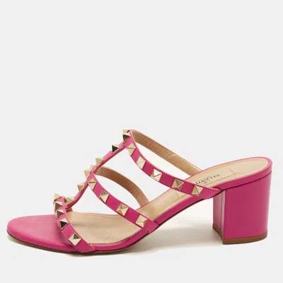 Pre-owned Valentino Garavani Rockstud Size 37 Pink Leather Block Heel Ankle Strap Slide Sandals