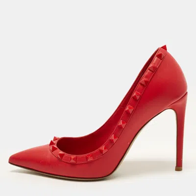 Pre-owned Valentino Garavani Rockstud Size 37 Red Leather Pointed Toe Pumps