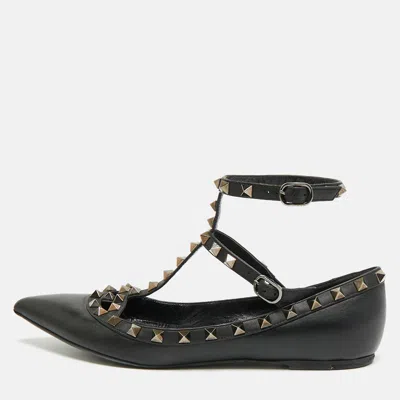 Pre-owned Valentino Garavani Rockstud Size 38 Black Leather Ankle Strap Ballet Flats