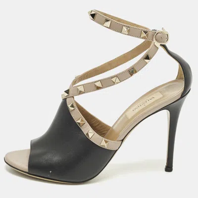Pre-owned Valentino Garavani Rockstud Size 38 Black Leather Ankle Strap Open Teo Pumps