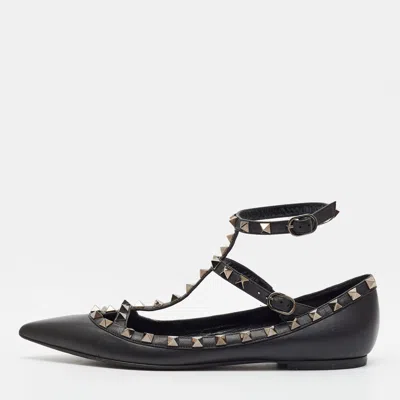 Pre-owned Valentino Garavani Rockstud Size 38 Black Leather Ballet Flats