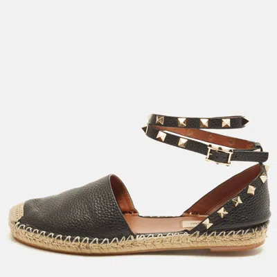 Pre-owned Valentino Garavani Rockstud Size 38 Black Leather Espadrille Flats