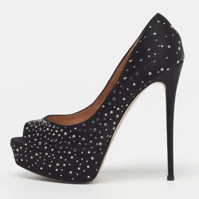 Pre-owned Valentino Garavani Rockstud Size 38 Black Satin Crystal Embellished Peep Toe Platform Pumps