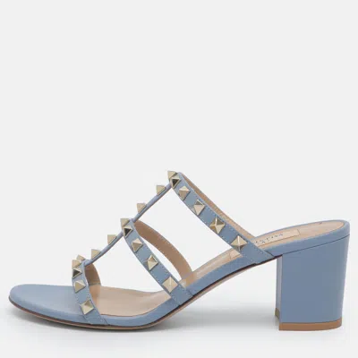 Pre-owned Valentino Garavani Rockstud Size 38 Blue Leather Slide Sandals