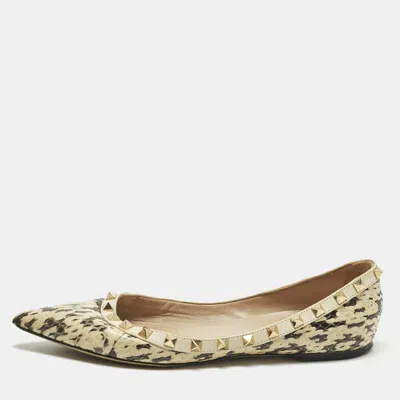 Pre-owned Valentino Garavani Rockstud Size 38 Cream/black Leather And Water Snakeskin Ballet Flats In White
