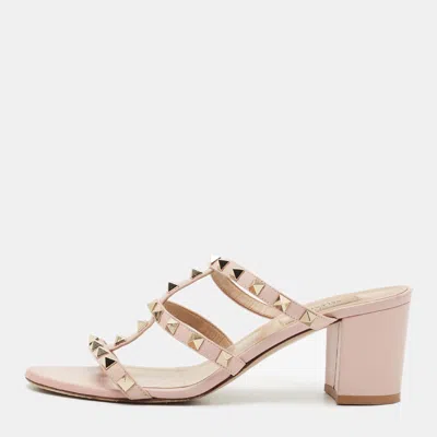 Pre-owned Valentino Garavani Rockstud Size 38 Dusty Pink Leather Slide Sandals