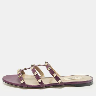 Pre-owned Valentino Garavani Rockstud Size 38 Purple Leather Flat Slides