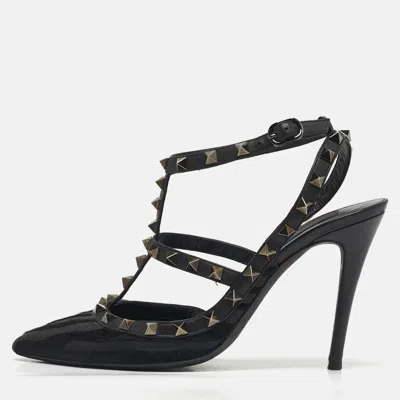 Pre-owned Valentino Garavani Rockstud Size 38.5 Black Calf Hair And Leather Ankle Strap Pumps
