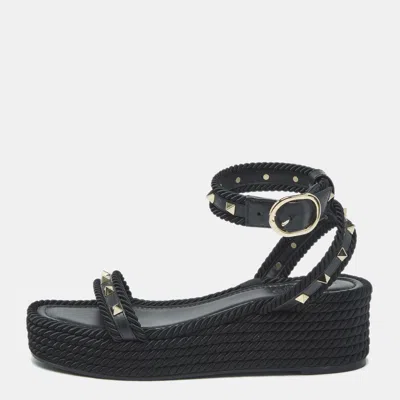 Pre-owned Valentino Garavani Rockstud Size 39 Black Leather And Rope Wedge Ankle Strap Sandals