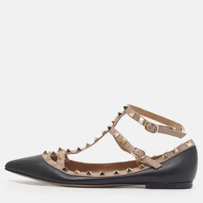Pre-owned Valentino Garavani Rockstud Size 39 Black/beige Leather Ballet Flats