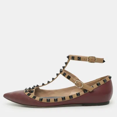 Pre-owned Valentino Garavani Rockstud Size 39 Burgundy/beige Leather Pointed Toe Ankle Strap Ballet Flats