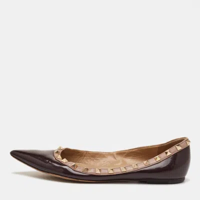 Pre-owned Valentino Garavani Rockstud Size 39 Dark Burgundy/beige Patent Leather Pointed Toe Ballet Flats