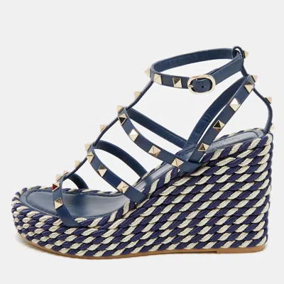 Pre-owned Valentino Garavani Rockstud Size 39 Navy Blue Leather Wedge Sandals