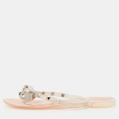 Pre-owned Valentino Garavani Rockstud Size 39 Silver Jelly Thong Flats