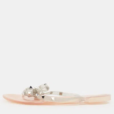 Pre-owned Valentino Garavani Rockstud Size 39 Silver Jelly Thong Flats