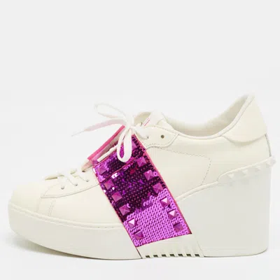 Pre-owned Valentino Garavani Rockstud Size 39 White/purple Leather And Sequins Wedge Sneakers