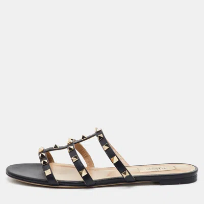 Pre-owned Valentino Garavani Rockstud Size 39.5 Black Leather Flat Slide Sandals