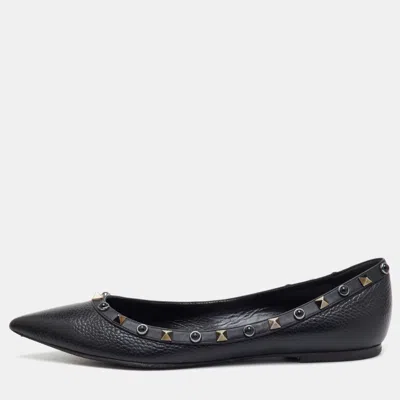 Pre-owned Valentino Garavani Rockstud Size 39.5 Black Leather Pointed Toe Ballet Flats