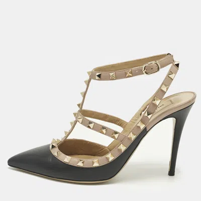 Pre-owned Valentino Garavani Rockstud Size 39.5 Black/beige Leather Pumps
