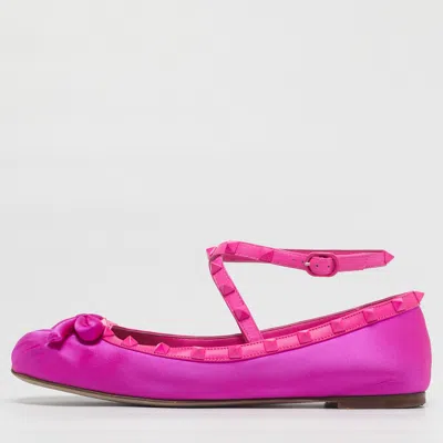 Pre-owned Valentino Garavani Rockstud Size 39.5 Pink Leather And Satin Bow Ankle Strap Ballet Flats
