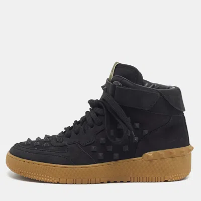 Pre-owned Valentino Garavani Rockstud Size 40 Black Nubuck Leather High Top Sneakers