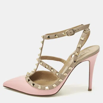 Pre-owned Valentino Garavani Rockstud Size 40 Pink Leather And Patent Leather Ankle Strap Pumps
