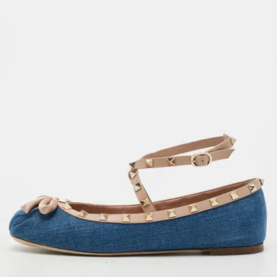 Pre-owned Valentino Garavani Rockstud Size 40.5 Blue/dusty Pink Denim And Leather Ballet Flats