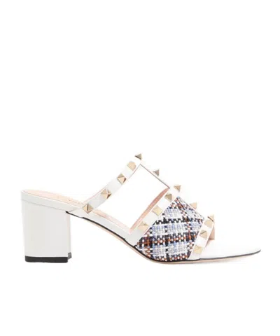 Valentino Garavani Rockstud Slide Sandals In Woven-fabric 60mm In White
