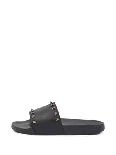 Pre-owned Valentino Garavani Rockstud Slide Sandals In Black