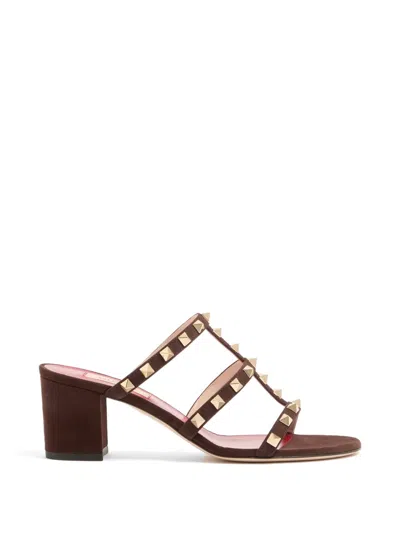 Valentino Garavani Rockstud Slide Sandal In Suede 60mm Woman Ebony 38.5 In Burgundy